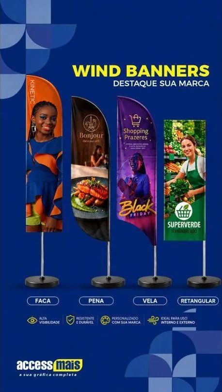 Wind banners nos modelos faca, pena, vela e retangular